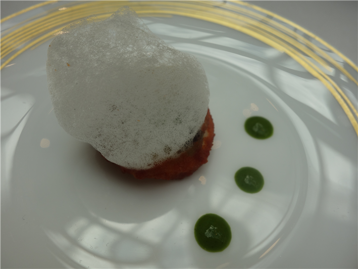 baked aubergine with tomato and basil foam